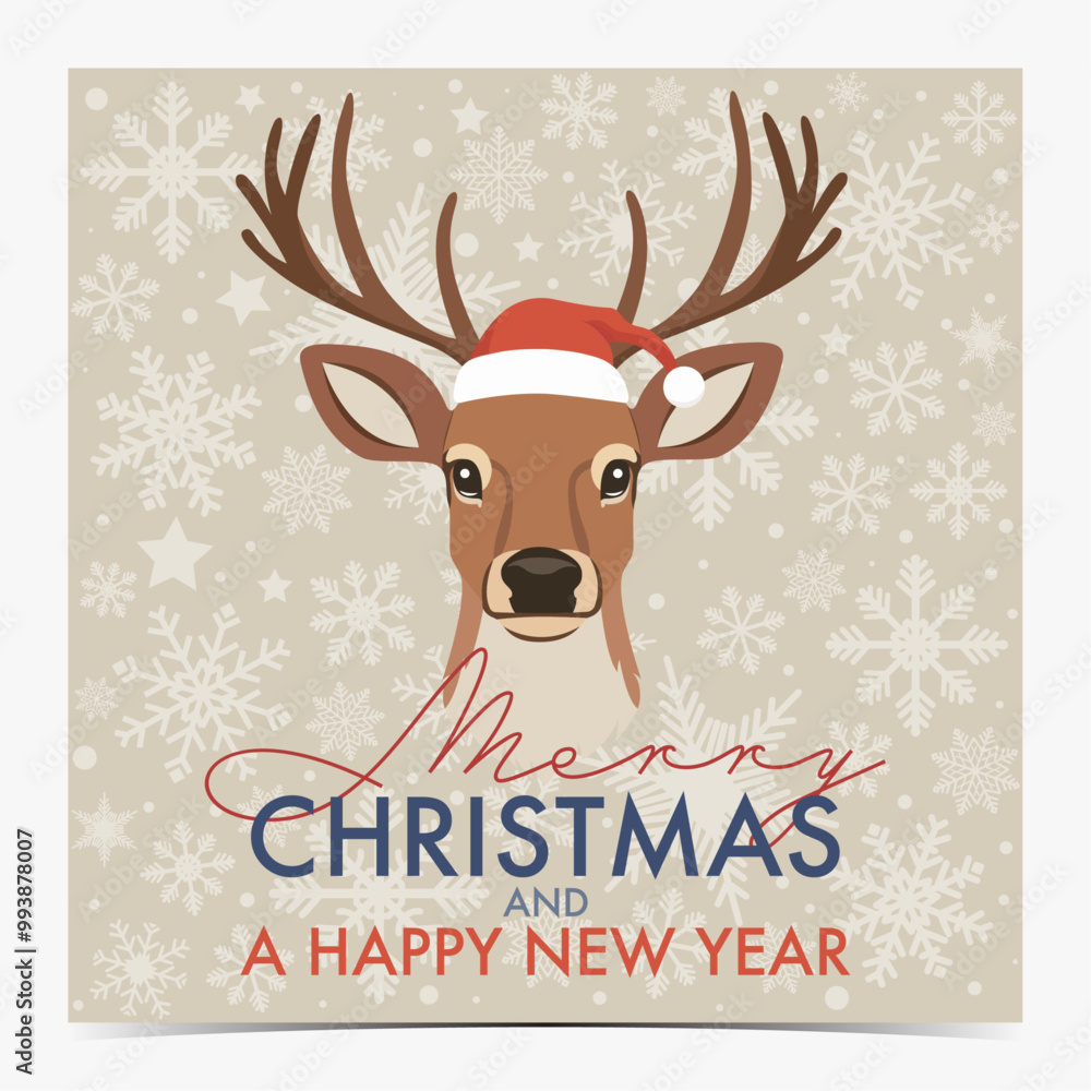 Merry Christmas cute greeting card with reindeer wearing Santa Claus hat, beige snowy background, vector illustration Merry Christmas cute greeting card with reindeer wearing Santa Claus hat, beige snowy background, vector illustration