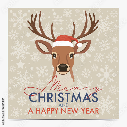 Merry Christmas cute greeting card with reindeer wearing Santa Claus hat, beige snowy background, vector illustration