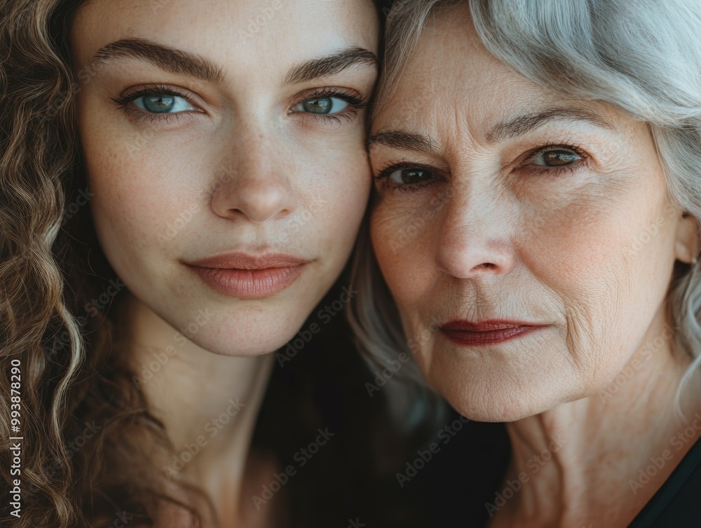 A pair of women, one in her twenties and the other in her fifties, standing close, looking directly at the camera with a soft and confident gaze A pair of women, one in her twenties and the other in her fifties, standing close, looking directly at the camera with a soft and confident gaze