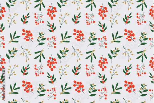Elegant seamless pattern with winter plants and gold and red berries. Hand drawn vector design.