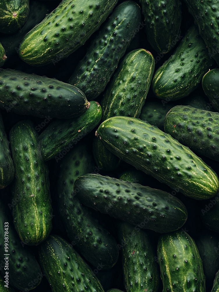 A dark mood photograph showcasing a detailed close-up of fresh cucumbers, arranged in an overlapping pattern. A dark mood photograph showcasing a detailed close-up of fresh cucumbers, arranged in an overlapping pattern.