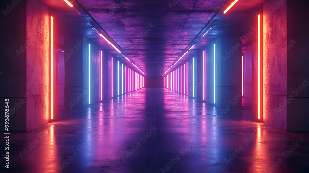 Neon Lights in a Long Hallway 3D Illustration Neon Lights in a Long Hallway 3D Illustration