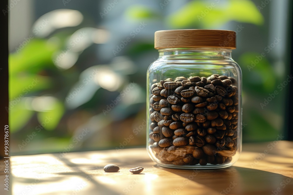 Glass Jar Filled with Roasted Coffee Beans on Wooden Table Glass Jar Filled with Roasted Coffee Beans on Wooden Table