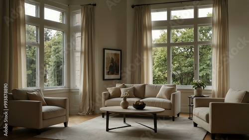 Living room corner in neutral tones with a large window.