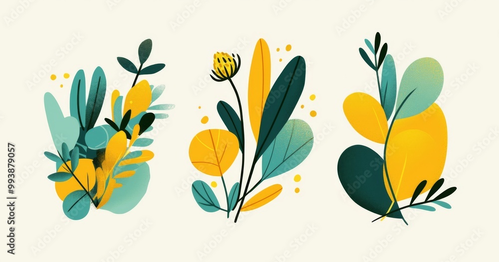 Set of three minimalist botanical illustrations featuring vibrant yellow, green, and teal colors on a crisp white background. Set of three minimalist botanical illustrations featuring vibrant yellow, green, and teal colors on a crisp white background.