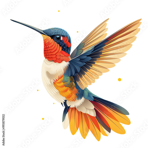 Minimal flat vector illustration of a hummingbird in flight, white background.
 photo