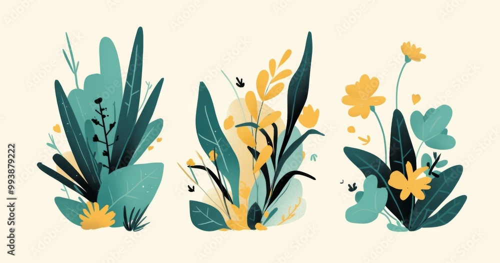 Set of three minimalist botanical illustrations featuring vibrant yellow, green, and teal colors on a crisp white background. Set of three minimalist botanical illustrations featuring vibrant yellow, green, and teal colors on a crisp white background.