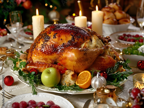 Golden turkey stuffed with herbs and surrounded by a festive table setting for holiday dinner.