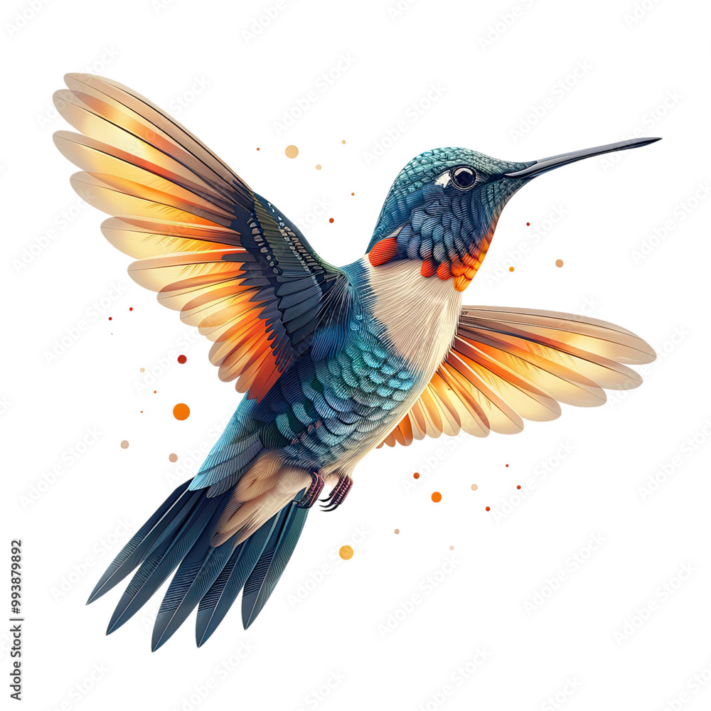 Obraz premium Minimal flat vector illustration of a hummingbird in flight, white background.