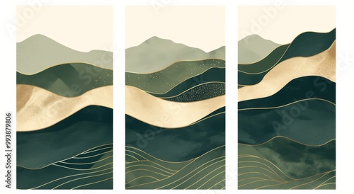 Set of three minimalist line art posters depicting a serene mountain landscape in beige and green tones, enhanced with elegant golden lines. photo