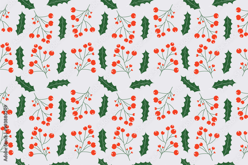 Seamless pattern with winter plant dark green leaves and red berries. Hand drawn vector design. Seamless pattern with winter plant dark green leaves and red berries. Hand drawn vector design.