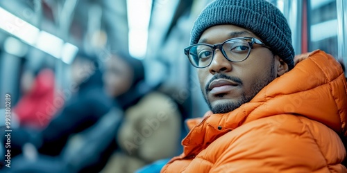 A thoughtful young man rides the subway in a vibrant orange puffer jacket. He gazes intently, capturing the essence of urban life. This image reflects modern city styles and transit culture. AI