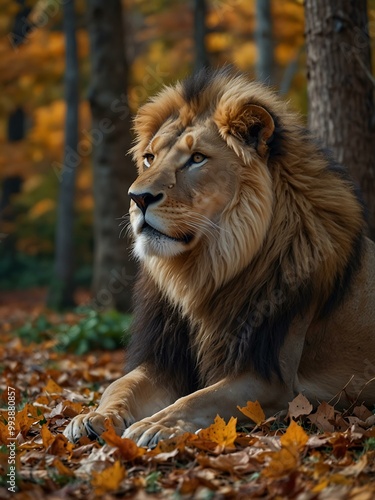 Majestic lion among autumn leaves in a serene forest.