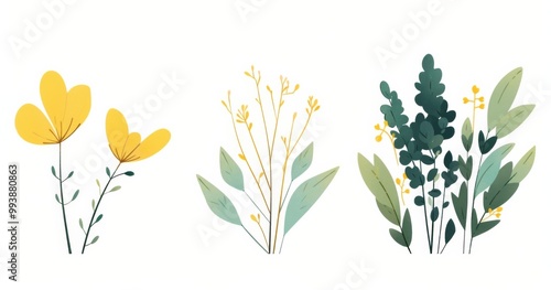 3 frame art featuring yellow, teal, and green simple botanical illustrations on a white background.