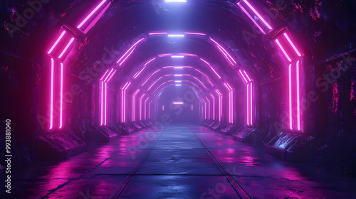 3D Futuristic Neon Tunnel with Pink Glowing Lights - Abstract Background Illustration