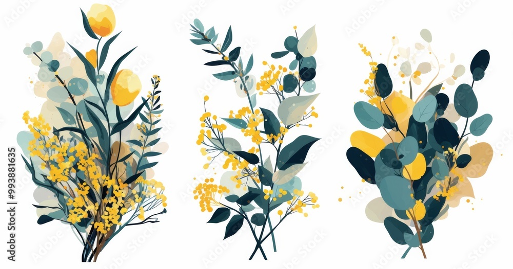 3 frame art featuring yellow, teal, and green simple botanical illustrations on a white background. 3 frame art featuring yellow, teal, and green simple botanical illustrations on a white background.