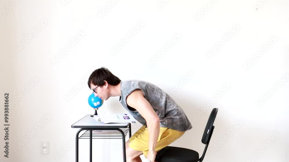 homem se arrumando em cadeira para estudos