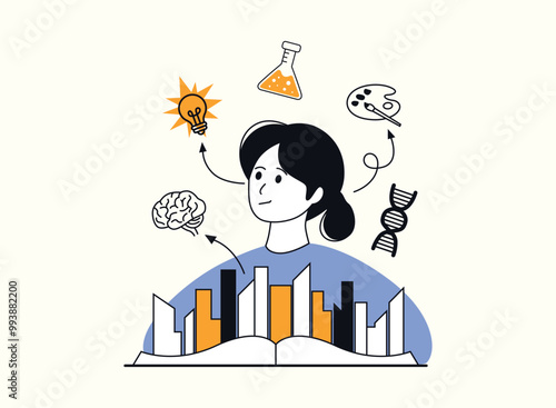 A woman, surrounded by symbols of creativity, education, and science, appears to be deep in thought. The backdrop suggests a cityscape, perhaps representing urban innovation. The overall image conveys