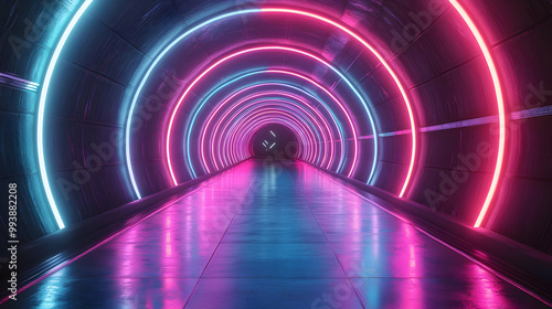 3D Render of Neon Lights in Tunnel