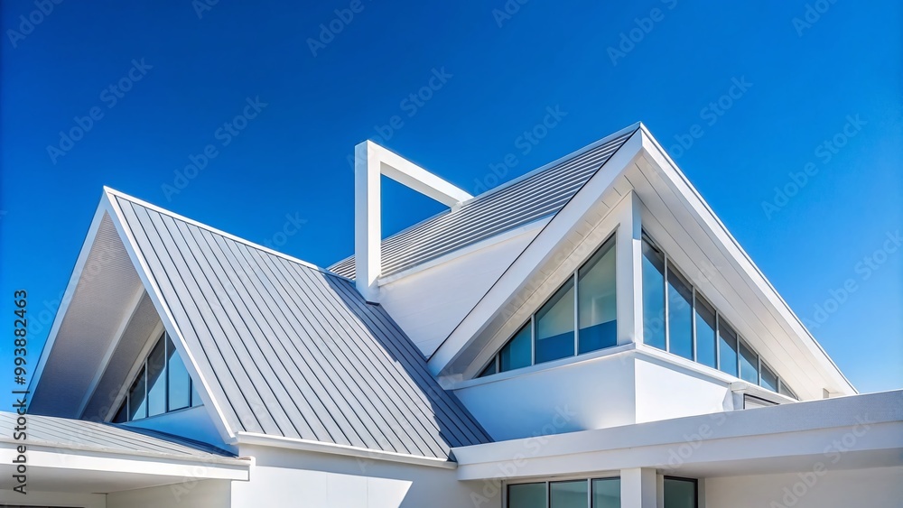 Bright White Roof Against a Clear Blue Sky, Modern Architecture, Clean Lines and Minimalist Design Bright White Roof Against a Clear Blue Sky, Modern Architecture, Clean Lines and Minimalist Design