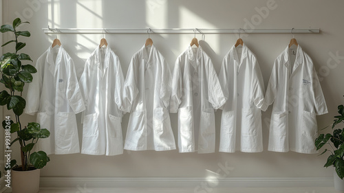 white medical scrubs front hanging on a hange on a light background