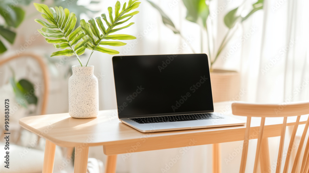 A modern workspace featuring sleek laptop on wooden table, complemented by decorative plant in vase. bright, airy atmosphere enhances productivity and creativity A modern workspace featuring sleek laptop on wooden table, complemented by decorative plant in vase. bright, airy atmosphere enhances productivity and creativity