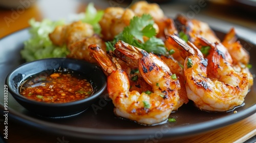 A plate of grilled served with a dipping sauce, beautifully presented on a table, capturing the appeal of a gourmet appetizer