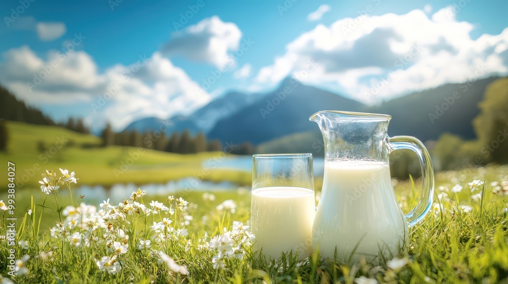 Fresh milk from pitcher into the glass with grass field and cows with a natural background,fresh milk ad template banner,Cows live on natural pastures, packaging with milk packs concept. Fresh milk from pitcher into the glass with grass field and cows with a natural background,fresh milk ad template banner,Cows live on natural pastures, packaging with milk packs concept.