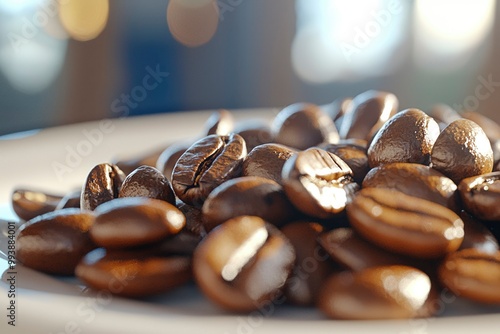 Close-up of Roasted Coffee Beans on a White Plate photo