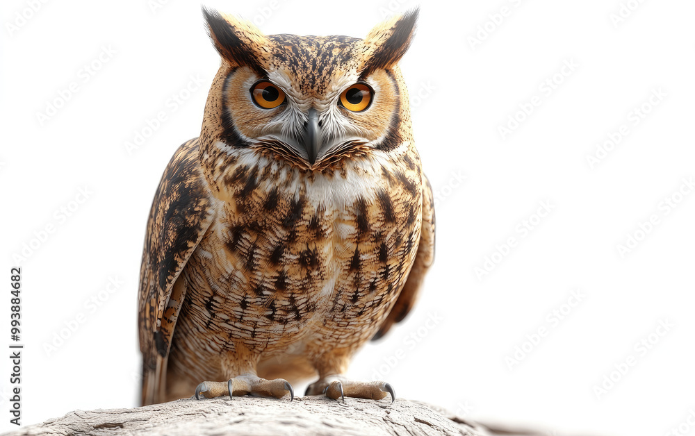Naklejka premium Owl with striking features, perched on log, white isolate background.