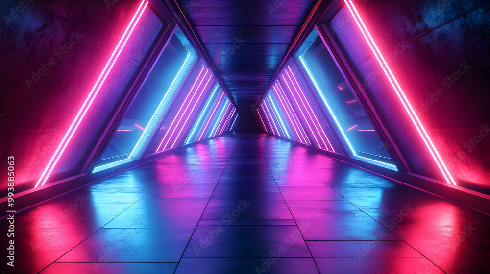 Neon Light Corridor with Pink and Blue Glowing Lines - 3D Illustration Neon Light Corridor with Pink and Blue Glowing Lines - 3D Illustration