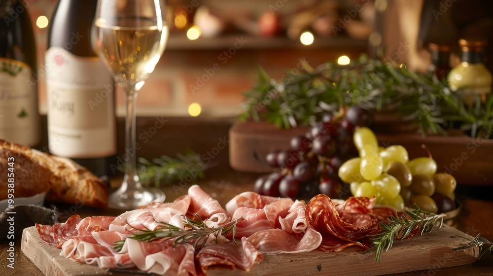 Elegant italian charcuterie board with prosciutto, wine, and rustic kitchen ambiance Elegant italian charcuterie board with prosciutto, wine, and rustic kitchen ambiance