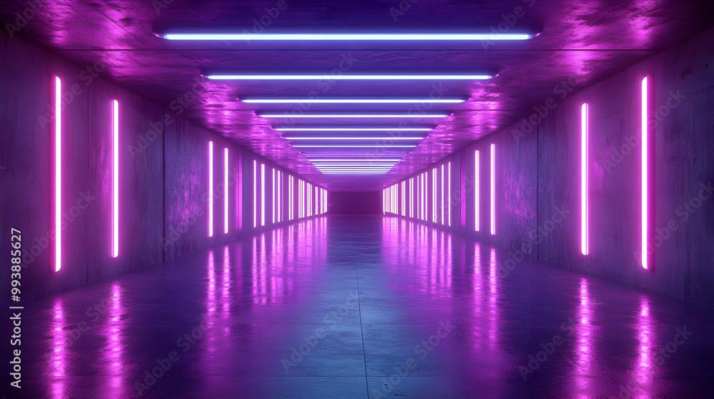 Purple Neon Lights in Concrete Tunnel 3D Illustration Purple Neon Lights in Concrete Tunnel 3D Illustration