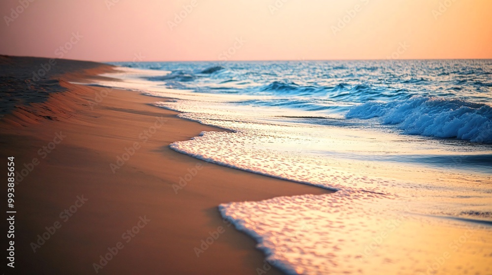 Fototapeta premium A beautiful sunset over the ocean with waves crashing on the sandy beach.