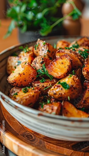 Close up of garlic parmesan roasted potatoes showcasing golden brown color and garnishes on table