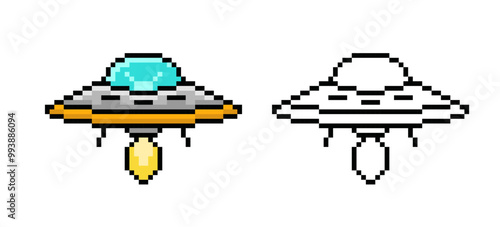 UFO in Pixel Style. Flying saucer. Vector illustration