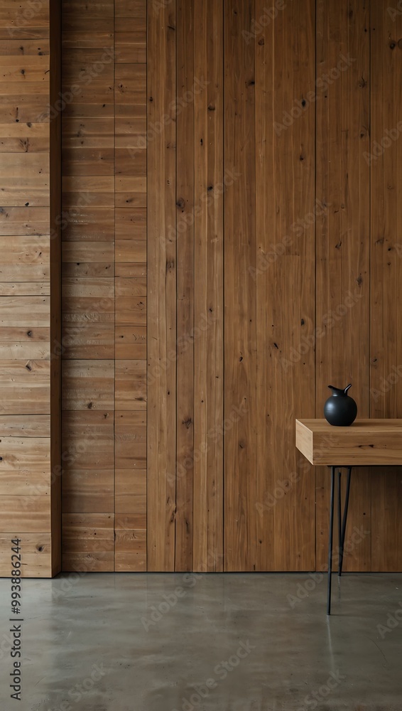Minimalist interior with a wood slat wall. Minimalist interior with a wood slat wall.