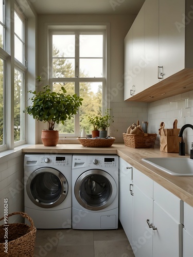 Minimalist laundry room with ample natural light.