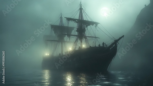 A ghost ship drifts silently across misty waters, its broken sails glowing under the pale moonlight, with shadowy ghost figures walking the deck. The scene is haunting, filled with dark mystery.