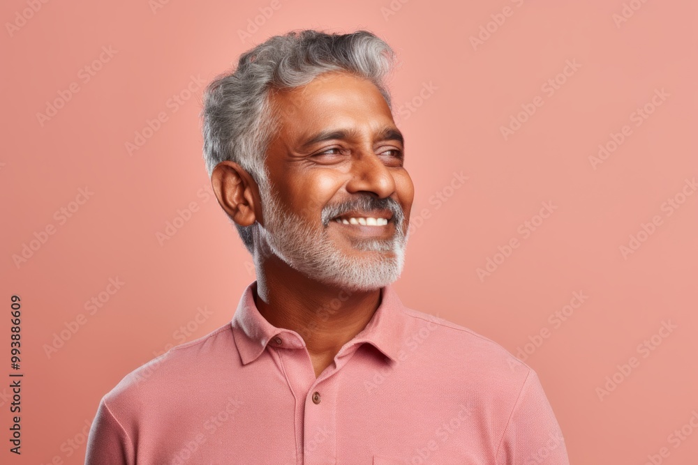 Portrait of a satisfied indian man in his 60s sporting a technical climbing shirt in front of pastel or soft colors background Portrait of a satisfied indian man in his 60s sporting a technical climbing shirt in front of pastel or soft colors background