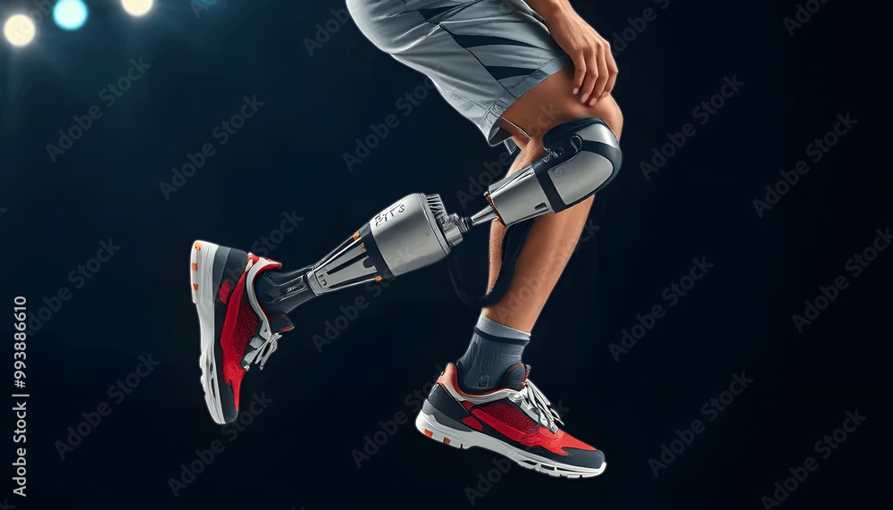 An athlete in motion with a high-tech prosthetic leg, showing strength and perseverance in sports. An athlete in motion with a high-tech prosthetic leg, showing strength and perseverance in sports.