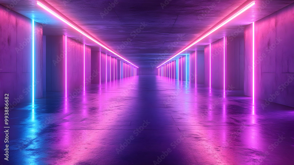 Neon Lights In A Concrete Corridor 3d Illustration Neon Lights In A Concrete Corridor 3d Illustration