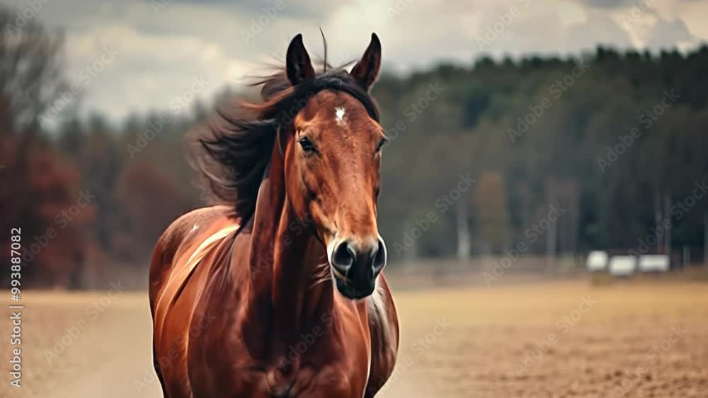 Majestic brown horse running freely in the open field under cloudy sky with forest backdrop highlighting nature and grace, 4k footage Majestic brown horse running freely in the open field under cloudy sky with forest backdrop highlighting nature and grace, 4k footage