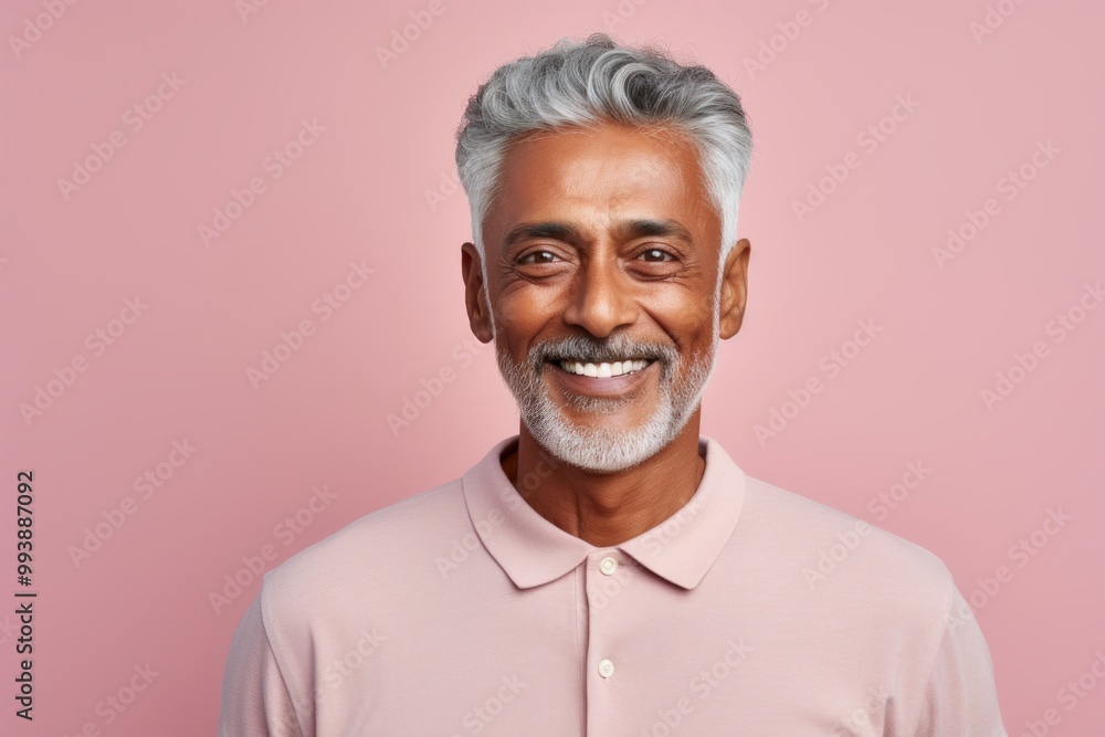 Portrait of a satisfied indian man in his 60s sporting a technical climbing shirt isolated on pastel or soft colors background Portrait of a satisfied indian man in his 60s sporting a technical climbing shirt isolated on pastel or soft colors background