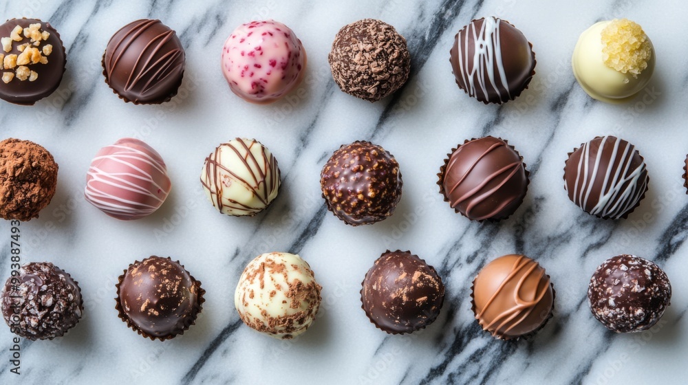 A selection of chocolate truffles in different flavors and coatings, arranged artfully on a marble table, inviting viewers to pick their favorite. A selection of chocolate truffles in different flavors and coatings, arranged artfully on a marble table, inviting viewers to pick their favorite.