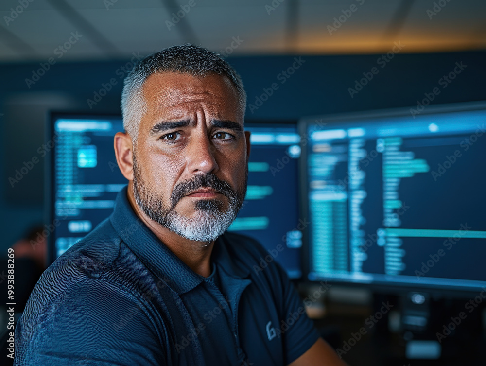 Dramatic Portrait of Latinx Male in Cybersecurity Setting Dramatic Portrait of Latinx Male in Cybersecurity Setting