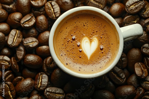 A Cup of Coffee with a Heart Design in Foamed Milk Surrounded by Coffee Beans