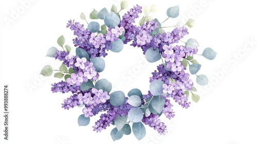 Purple Lilac Wreath with Eucalyptus Greenery, white background