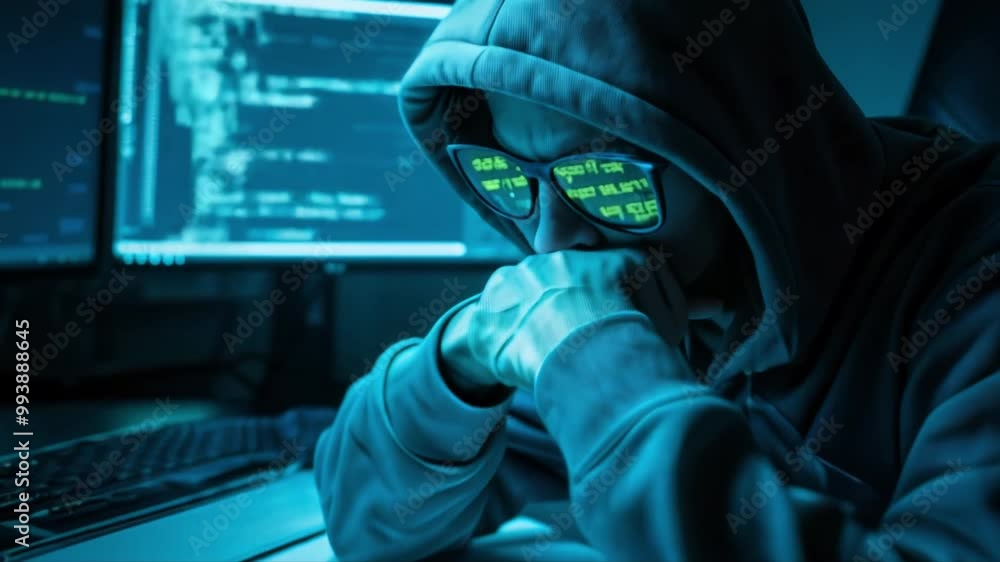 In 4K, a hacker sits in a shadowy room, green code reflecting on their glasses, emphasizing the mysterious atmosphere of digital hacking and the complexities of modern cybercrime. In 4K, a hacker sits in a shadowy room, green code reflecting on their glasses, emphasizing the mysterious atmosphere of digital hacking and the complexities of modern cybercrime.