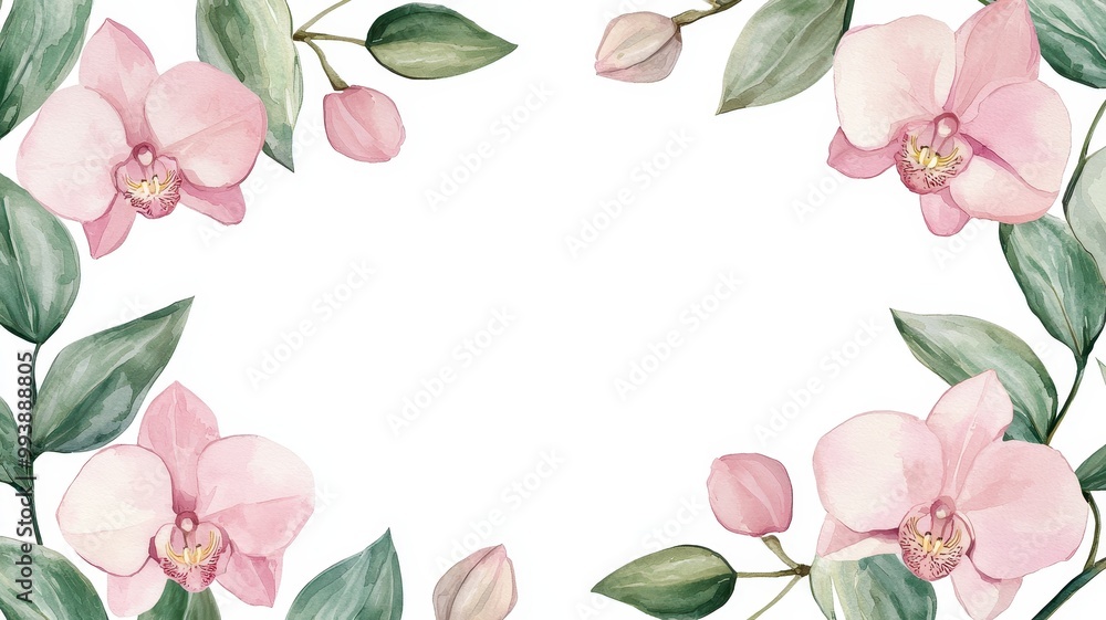 Blooming Orchids with Green Leaves and Water Theme, white background Blooming Orchids with Green Leaves and Water Theme, white background